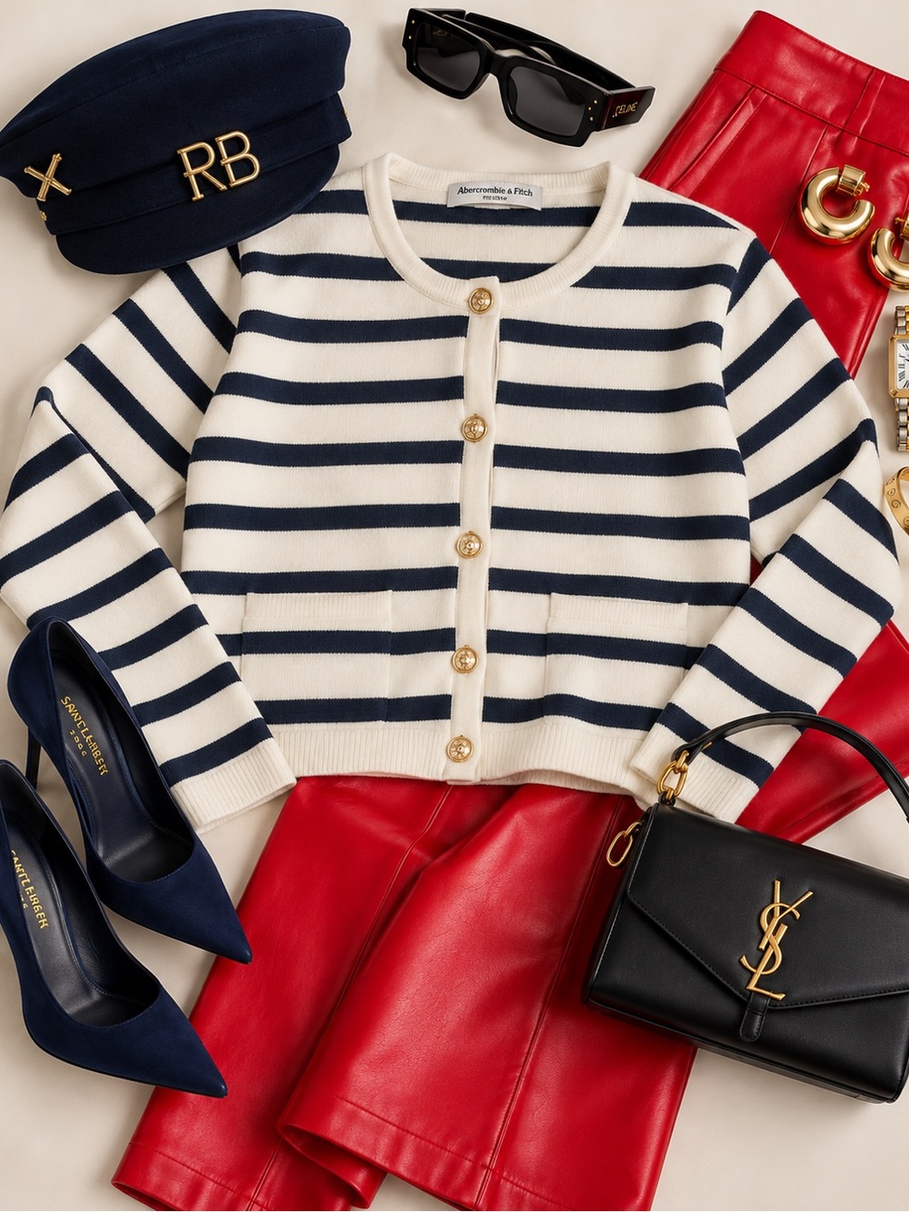 Abercrombie & Fitch Navy and White Striped Button Cardigan with Gold Buttons
